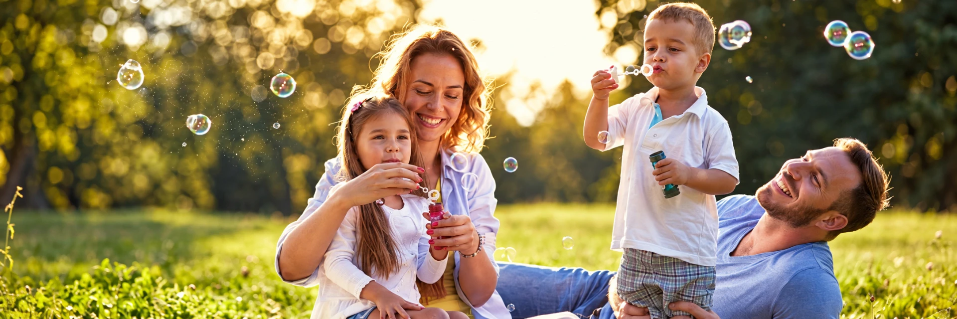 Família brincando com bolhas de sabão ao entardecer